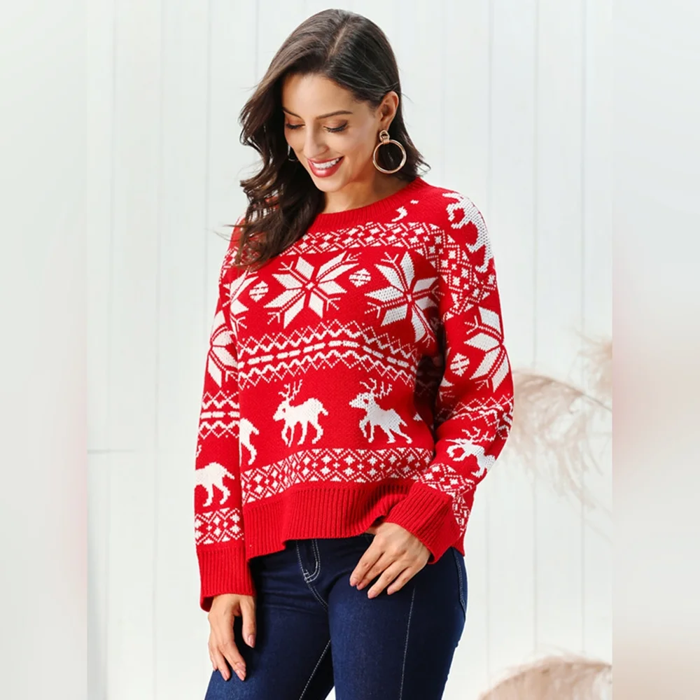 Fair Isle Snowflake Reindeer Knit Round Neck Classic Holiday Minimalist Sweater - Picture 5 of 7